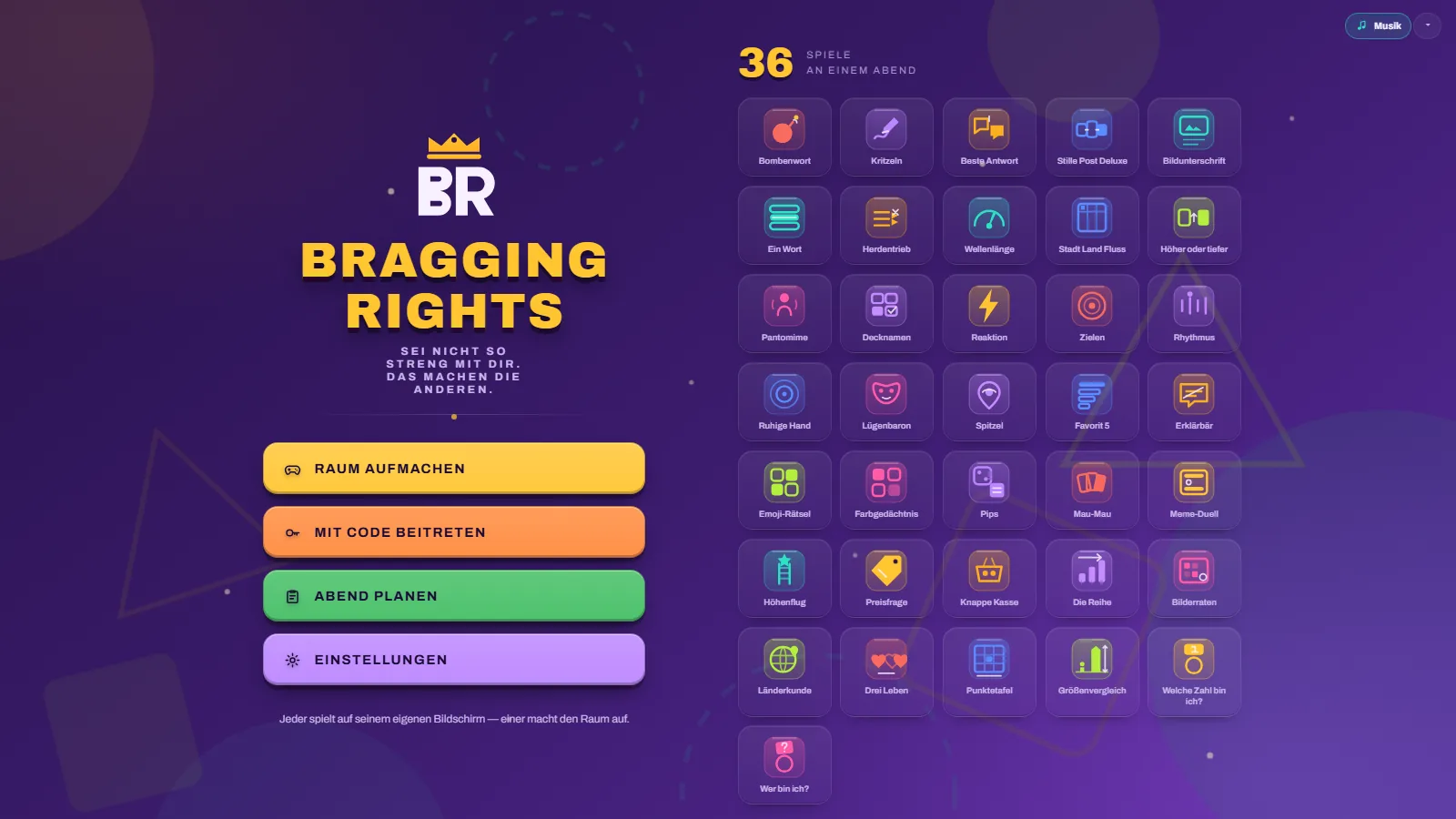Bragging Rights main menu with 36 mini-games