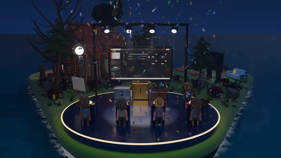 The Bragging Rights corner of the DELTRY island: a show stage at night with a big screen, a host and four players at buzzers.