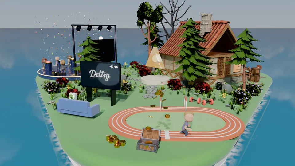The Movkey corner of the DELTRY island: a running track with hurdles, a chest full of coins, a sofa and a TV.