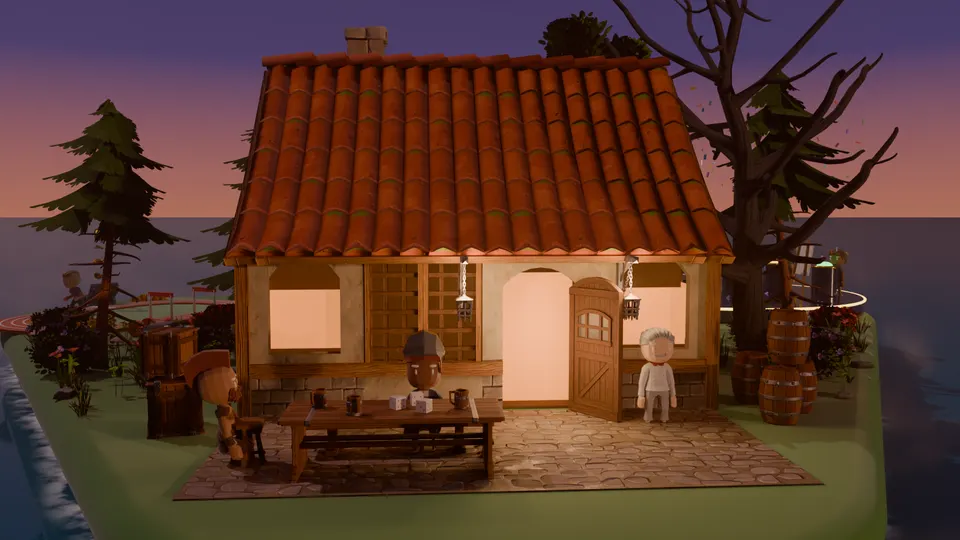 The Pips corner of the DELTRY island: a tavern at dusk with two guests rolling dice at a table.