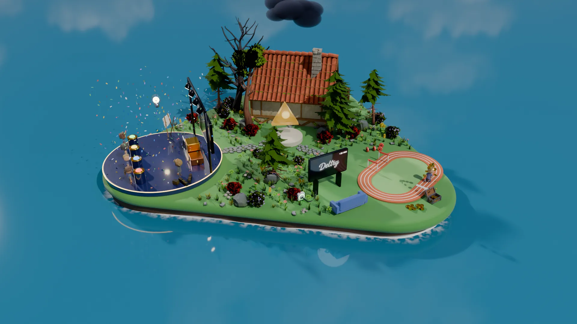 The DELTRY island in the sea: a tavern, a show stage and a running track on a triangular island.