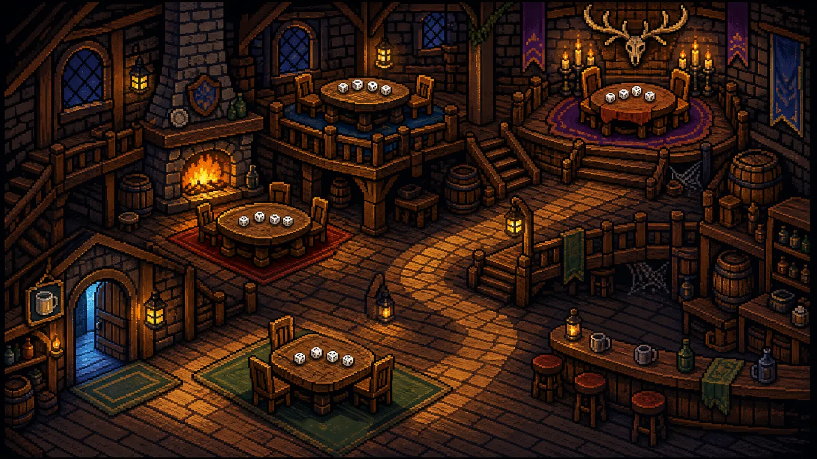 Pixel-art tavern from Pips with dice tables, a fireplace and a bar