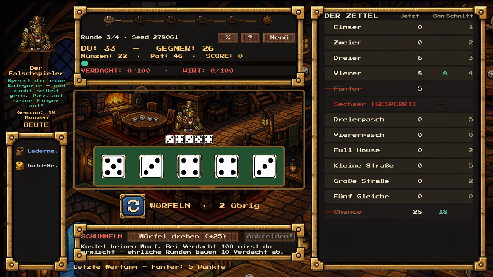 Dice duel in Pips: five dice, the score sheet, the innkeeper’s suspicion meter and the “turn die” cheat